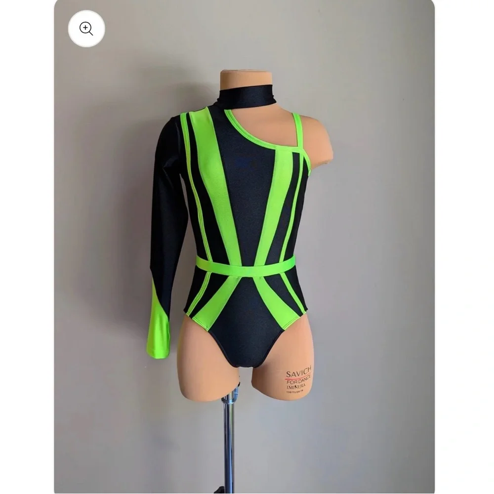 Neon Green & Black Asymmetrical Kids One-Piece Bodysuit